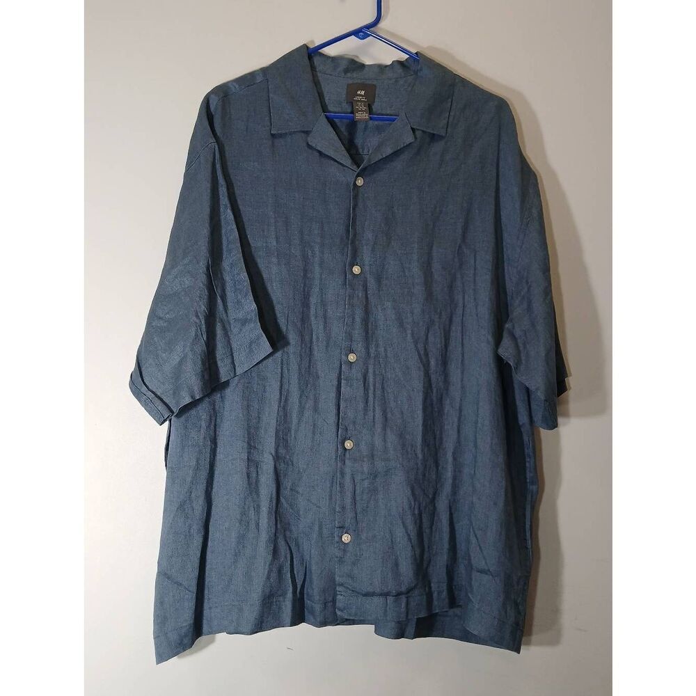 H&m mens xl blue shirt 100% linen shortsleeve casual button down big tall fit
